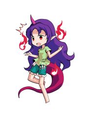  1girl barefoot breasts chibi chibi_only commentary_request dairi full_body green_shirt green_shorts horns large_variant_set long_hair pink_horns purple_hair red_eyes red_tail shirt shorts simple_background single_horn solo tachi-e tenkajin_chiyari test_tube touhou transparent_background variant_set very_long_hair 