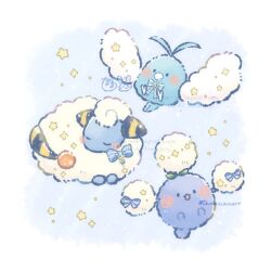 bird blush bow closed_eyes commentary_request highres jumpluff lying mareep no_humans open_mouth pokemon pokemon_(creature) pokemon_focus sheep sleeping smile star_(symbol) swablu temariame14 twitter_username 