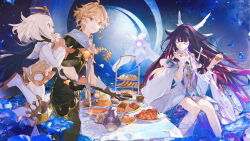  1boy aether_(genshin_impact) ahoge black_hair blonde_hair braid closed_eyes columbina_(genshin_impact) dress eye_mask genshin_impact hair_between_eyes hair_ornament head_wings highres kuuhenki_(genshin_impact) long_hair mask multicolored_hair multiple_girls pink_hair sitting taiki_(luster) very_long_hair white_dress wings 