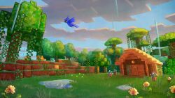  bird blue_flower blue_sky clouds commentary_request devil_uo flower flower_pot flying full_body grass house jungle minecraft nature no_humans outdoors parrot parrot_(minecraft) plant puddle pumpkin rain reflection reflective_liquid ripples scenery sky solo tree vines water white_flower yellow_flower 