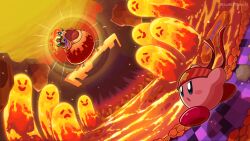  blush blush_stickers copy_ability crown embers fighter_kirby fire green_eyes headband highres kashiwa_(ksw04270mochi) kirby kirby:_triple_deluxe kirby_(series) lava no_humans open_mouth pyribbit red_headband rock twitter_username 
