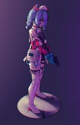  1girl absurdres bare_shoulders black_background black_thighhighs blue_gloves blue_hair boots braid cardiogram colphne_(girls'_frontline_2) colphne_(silent_heart)_(girls'_frontline_2) commentary full_body girls'_frontline_2:_exilium girls_frontline gloves gun hair_between_eyes hair_ribbon hat highres holding holding_gun holding_weapon knee_boots looking_ahead new_dawn_art nurse_cap official_alternate_costume red_eyes red_ribbon ribbon serious simple_background solo taurus_curve thigh-highs twin_braids twintails weapon white_hat 