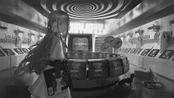  1girl afterforever animal closed_mouth collared_shirt commentary dachshund dog dress expressionless greyscale hairband headphones highres indoors long_hair mirrored_text monochrome original polybius shirt solo spiral symbol-only_commentary 