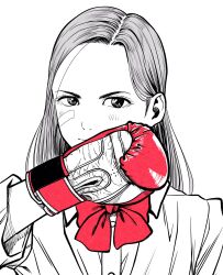  1girl bandaid bandaid_on_cheek bandaid_on_face bow bowtie boxing_gloves collared_shirt commentary_request forehead gloves greyscale hair_behind_ear highres lee_(dragon_garou) light_blush long_hair monochrome original portrait red_bow red_bowtie red_gloves shirt sideburns solo spot_color 