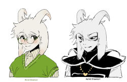  2boys alternate_form animal_ears asriel_dreemurr asriel_dreemurr_(god_of_hyperdeath) black_sclera blush character_name colored_sclera facial_mark fangs furry furry_male glasses goat_boy goat_ears goat_horns green-framed_eyewear green_vest horns jewelry koyashaka male_focus multiple_boys necklace round_eyewear simple_background undertale upper_body utdr_(toby_fox) vest white_background white_eyes 