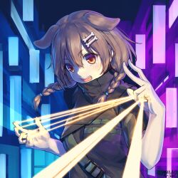  :d absurdres akito_(ghostwire) akito_(ghostwire)_(cosplay) animal_ears artist_name bone_hair_ornament braid braided_twintails brown_eyes brown_hair cosplay dated dog_ears double-parted_bangs fangs finger_beam ghostwire:_tokyo hair_between_eyes hair_ornament hairclip high_collar highres hololive inugami_korone long_hair low_twin_braids low_twintails open_mouth parallel_hairclips short_sleeves signature smile traveler_(artbbt) twin_braids twintails upper_body v-shaped_eyebrows virtual_youtuber 