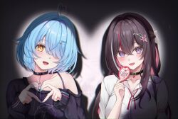  2girls 7nopi :d absurdres ahoge alternate_costume asymmetrical_sidelocks azki_(hololive) black_choker black_hair black_sweater blue_hair blue_streaks braid choker collared_shirt colored_inner_hair commentary_request double-parted_bangs four-finger_heart_hands hair_intakes hair_ornament hairclip half_up_half_down_braid heart heart_ahoge heart_hands highres holding hololive long_hair looking_at_another mole mole_under_eye multicolored_hair multiple_girls neck_ribbon official_alternate_costume official_alternate_hairstyle open_mouth pink_hair pink_streaks pointy_ears ribbon shirt short_hair sidelocks single_off_shoulder smile streaked_hair sweater upper_body violet_eyes virtual_youtuber white_shirt white_streaks yellow_eyes yukihana_lamy yukihana_lamy_(cyber) 