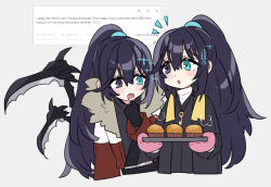  ! 2boys aqua_eyes baking black_coat black_eyes black_gloves black_hair coat commentary_request dieci_association_south_uniform english_text gloves half_updo holding holding_tray hong_lu_(project_moon) hook_office_(identity)_(project_moon) jacket jewelry key key_necklace limbus_company long_sleeves mittens multiple_boys necklace notice_lines open_mouth project_moon red_jacket request_inset shiki_(shikki46) simple_background stole tray white_background 