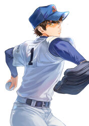  1boy absurdres ace_of_diamond baseball baseball_cap baseball_jersey baseball_mitt baseball_uniform belt black_belt brown_eyes brown_hair commentary_request hat highres jersey kusatakesi male_focus pants pitching sawamura_eijun shirt shirt_tucked_in short_hair simple_background solo sportswear white_background white_pants white_shirt 