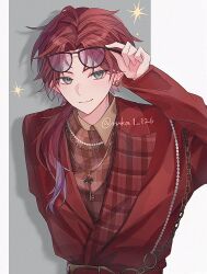  1boy adjusting_eyewear alternate_costume animal_ears arm_up bead_necklace beads chain chain_necklace closed_mouth glasses green_eyes hashtag-only_commentary highres jacket jewelry key key_necklace lapels lauren_iroas long_hair long_sleeves looking_at_viewer male_focus necklace nijisanji parted_bangs ponytail red_hair red_jacket ruka1_126 side_ponytail smile solo upper_body virtual_youtuber 
