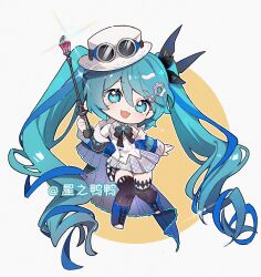  1girl absurdly_long_hair aqua_hair artist_name asymmetrical_legwear belt black_bow black_bowtie black_cape black_socks black_thighhighs blue_boots blue_eyes blue_gem blue_jacket blue_ribbon boots bow bowtie brooch cape cherilynorz chibi chinese_commentary circle collared_shirt commentary_request dot_nose eyelashes feather_hair_ornament feathers fur-trimmed_jacket fur_trim gear_hair_ornament gem goggles goggles_on_headwear grey-framed_eyewear grey_skirt hair_between_eyes hair_ornament hair_ribbon hairclip happy hat hatsune_miku highres holding holding_wand jacket jewelry lace-trimmed_socks lace-up_boots layered_sleeves light_blush light_particles long_hair long_sleeves mini_hat mini_top_hat miniskirt mismatched_legwear open_clothes open_jacket open_mouth outline over-kneehighs plaid_clothes plaid_skirt pleated_skirt puffy_long_sleeves puffy_sleeves red_belt ribbon round_eyewear shirt single_over-kneehigh single_thighhigh skirt sleeve_cuffs smile socks solo sparkle standing star_(symbol) star_in_eye symbol_in_eye tareme thigh-highs thigh_belt thigh_strap top_hat twintails two-tone_background very_long_hair vocaloid wand wavy_hair white_background white_hat white_outline white_shirt yellow_background yellow_pupils 
