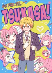  1boy 1girl animal_ears black_jacket blazer blunt_bangs blush bow character_name clenched_hand close_game/offline_(project_sekai) closed_eyes closed_mouth collared_shirt colorful_festival_(project_sekai) commentary_request connect_hearts_message_(project_sekai) diagonal-striped_clothes diagonal-striped_necktie dot_nose facing_viewer ganbare!_nakamura-kun!!_cover_parody halo heart hetero highres himitsu_no_valentine_daisakusen!_(project_sekai) jacket kamiyama_high_school_uniform_(project_sekai) korean_commentary lapels long_sleeves mouse_ears multicolored_necktie multiple_views necktie nervous_sweating notched_lapels official_alternate_costume official_alternate_hairstyle ootori_emu open_clothes open_jacket open_mouth orange_eyes orange_hair pants pink_eyes pink_hair pocket ppako project_sekai school_uniform shirt short_hair smile smile_of_dreamer_(project_sekai) star_(symbol) striped_clothes sweat sweater tenma_tsukasa tonari_ni_tatsu_yasashii_anata_e_(project_sekai) v-neck white_bow yellow_sweater 