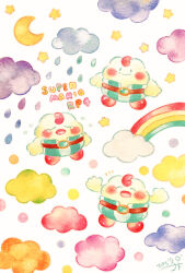  absurdres blush_stickers closed_eyes clouds colored_pencil_(medium) commentary_request copyright_name crescent_moon highres mallow_(mario) moon no_humans open_mouth painting_(medium) rain rainbow signature super_mario_bros. super_mario_rpg tears traditional_media water_drop watercolor_(medium) white_background yukichi_0611 