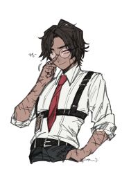  1boy adjusting_eyewear belt black_belt black_pants brown_hair chest_harness closed_mouth collared_shirt commentary_request cowboy_shot dark-skinned_female dark_skin fedoarss1ru harness heathcliff_(project_moon) highres id_card index_finger_raised jewelry korean_commentary limbus_company looking_to_the_side pants parted_bangs project_moon ring scar scar_on_arm scar_on_face scar_on_hand shirt simple_background smile solo violet_eyes wedding_ring white_background white_shirt 