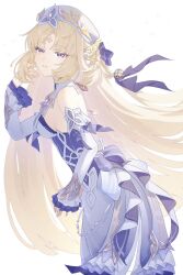  1girl beret blonde_hair blue_dress blue_eyes braid cowboy_shot cross-shaped_pupils detached_sleeves dress frilled_sleeves frills from_side genshin_impact hand_up hat highres long_hair long_sleeves looking_at_viewer multicolored_dress nicole_reeyn parted_lips pointy_ears simple_background solo suwa_(swk_kkk) symbol-shaped_pupils twitter_username very_long_hair watermark white_background white_dress white_hat white_sleeves 