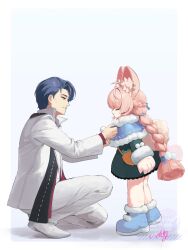  1boy 1girl animal_ear_fluff animal_ear_piercing animal_ears blue_background blue_capelet blue_hair blue_shoes border braid braided_twintails capelet closed_eyes closed_mouth commentary_request damian_blackwood dressing_another from_side full_body fur-trimmed_capelet fur-trimmed_shoes fur_trim furry furry_female green_eyes highres long_hair looking_at_another parted_lips pink_fur pink_hair rabbit_ears rabbit_girl rabbit_tail red_shirt shirt shoes short_hair squatting suit tail uixy white_border white_shoes white_suit zenless_zone_zero zhao_(zenless_zone_zero) 