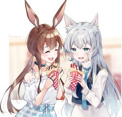  2girls :d ^_^ absurdres amiya_(arknights) animal_ear_fluff animal_ears arknights black_vest blue_collar blue_eyes blue_necktie blush brown_hair closed_eyes collar commentary_request food food_on_face grey_hair highres holding holding_food jewelry long_hair long_sleeves multiple_girls multiple_rings necktie off_shoulder open_mouth partial_commentary ring rosmontis_(arknights) shirt smile twitter_username u_yuz_xx upper_body vest white_shirt 