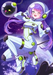  1girl bibi_(tokoyami_towa) commentary demon_tail earth_(planet) fang gloves green_eyes hair_through_headwear highres hololive long_hair nametakeko one_eye_closed planet pointing pointing_at_self purple_hair space spacesuit symbol-only_commentary tail tokoyami_towa twintails virtual_youtuber white_gloves 