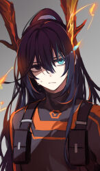  1boy annoyed antlers black_bodysuit black_hair bodysuit commentary_request grey_background high_ponytail highres hong_lu_(project_moon) horns limbus_company long_hair long_sleeves looking_at_viewer ponytail pouch project_moon r_corp._(identity)_(project_moon) reindeer_antlers shiki_(shikki46) sidelocks simple_background solo sweat upper_body very_long_hair 