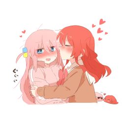  2girls blush bocchi_the_rock! commentary_request cropped_torso cube_hair_ornament gotoh_hitori gotoh_hitori_(tsuchinoko) hair_between_eyes hair_ornament jacket kiss kita_ikuyo long_hair long_sleeves multiple_girls nose_blush one_side_up open_mouth pink_hair pink_jacket rebecca_(keinelove) red_hair school_uniform shuka_high_school_uniform simple_background track_jacket trembling white_background yuri 