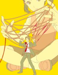  1boy 1girl adachi_tooru black_hair black_jacket black_pants blood brown_eyes brown_hair brown_skirt business_suit cat's_cradle child collared_shirt commentary_request doujima_nanako entangled flat_color from_below full_body giant giantess green_eyes hands_up highres indian_style jacket korean_commentary limited_palette long_sleeves looking_at_another necktie nervous nervous_sweating pants persona persona_4 pink_shoes pink_vest red_necktie shirt shoes short_hair short_twintails simple_background sitting size_difference skirt socks suit sweat sweater sweater_vest tosssqqq turtleneck turtleneck_sweater twintails upturned_eyes very_short_hair vest white_shirt white_socks white_sweater yellow_background 