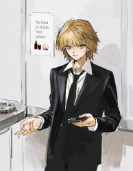  1boy alternate_costume between_fingers black_jacket black_necktie blonde_hair brown_eyes cellphone cigarette closed_mouth collared_shirt commentary_request earrings highres holding holding_cigarette holding_phone huangdanlan hunter_x_hunter jacket jewelry kurapika looking_at_viewer male_focus necktie phone shirt short_hair smartphone solo standing suit suit_jacket white_shirt 