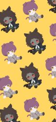  2boys absurdres animal_ears basilio_(metaphor:_refantazio) black_coat black_pants black_shoes brothers brown_hair cat_boy cat_ears closed_mouth coat dark-skinned_male dark_skin fidelio_(metaphor:_refantazio) highres houndstooth jacket male_focus metaphor:_refantazio multiple_boys orange_background pants patterned_clothing purple_hair red_eyes rizu_(rizunm) scarf shoes short_hair siblings simple_background white_scarf yellow_eyes 
