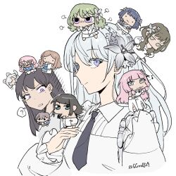  6+girls :3 ? animal_ears bang_dream! bang_dream!_it's_mygo!!!!! bang_dream!_our_notes black_hair black_necktie blue_eyes blue_hair brown_hair chibi chihaya_anon diaper flower glasses green_hair guagua977 hair_flower hair_ornament hamasaki_mahoro highres izawa_natsume izumi_houka kaname_raana kotohira_nagi long_hair millsage_(bang_dream!) multiple_girls mygo!!!!!_(bang_dream!) nagasaki_soyo necktie open_mouth pink_hair shiina_taki shiomi_hotaru shirt simple_background takamatsu_tomori twitter_username violet_eyes white_background white_hair white_shirt yahata_umiri 