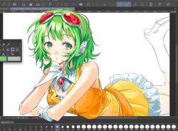  1girl art_program_in_frame bare_shoulders boots brooch clip_studio_paint clip_studio_paint_(medium) frilled_skirt frills goggles goggles_on_head green_eyes green_hair gumi hashtag-only_commentary headphones highres jewelry knee_boots looking_at_viewer lying on_stomach orange_skirt orange_vest red-tinted_eyewear saikyo226 short_hair skirt sleeveless solo the_pose through_medium through_screen tinted_eyewear unfinished vest vocaloid white_boots white_wrist_cuffs wrist_cuffs 