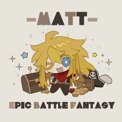  1boy ;d anonymous1203 black_jacket black_pants blonde_hair braid brown_jacket character_name chibi chibi_only chinese_commentary coin commentary_request copyright_name epic_battle_fantasy gem hat highres jacket long_hair male_focus matt_(epic_battle_fantasy) neckerchief no_headwear one_eye_closed pants pirate pirate_hat red_neckerchief simple_background smile sparkle star_(symbol) treasure_chest twin_braids 