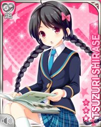  1girl ahoge black_hair blue_necktie blue_skirt book bow braid card_(medium) character_name girlfriend_(kari) hair_bow holding holding_book jacket kneehighs knees looking_at_viewer miniskirt necktie official_art pink_background pink_bow plaid_clothes plaid_skirt pleated_skirt polka_dot polka_dot_bow qp:flapper red_eyes school_uniform shirase_tsuzuri shirt sitting skirt socks solo thighs twin_braids white_shirt white_socks 