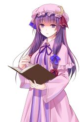  1girl blue_bow book bow commentary_request constricted_pupils cowboy_shot crescent crescent_hat_ornament crote dress hair_bow hat hat_ornament highres holding holding_book large_variant_set long_hair long_sleeves looking_at_viewer mob_cap neck_ribbon parted_lips patchouli_knowledge pink_hat pink_robe purple_hair purple_ribbon red_bow ribbon robe shaded_face solo striped_clothes striped_dress tachi-e touhou transparent_background variant_set vertical-striped_clothes vertical-striped_dress violet_eyes 