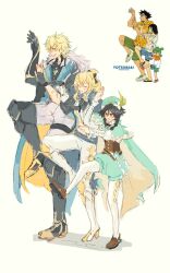  1girl 2boys argyle_clothes argyle_pantyhose arm_up armored_boots beret black_hair blonde_hair blush boots braid cape capelet closed_eyes coat collared_cape commentary english_commentary fingerless_gloves flan_(h41256) flower full_body gauntlets genshin_impact gloves green_cape green_eyes green_hat green_shorts hand_up hat hat_flower height_difference high_heels highres jean_(genshin_impact) jean_(gunnhildr's_legacy)_(genshin_impact) leg_up long_hair long_sleeves multiple_boys official_art_inset open_clothes open_coat open_mouth outstretched_arm pants pantyhose parody puffy_shorts reference_inset scar scar_on_arm shoes short_hair shorts side-by-side side_braids single_fingerless_glove single_gauntlet single_glove smile standing standing_on_one_leg twin_braids varka_(genshin_impact) venti_(genshin_impact) vision_(genshin_impact) white_flower yotsubato!_pose 