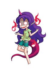  1girl barefoot breasts chibi chibi_only commentary_request dairi full_body green_shirt green_shorts horns large_variant_set long_hair open_mouth pink_horns purple_hair red_tail shirt shorts simple_background single_horn smile solo tachi-e tenkajin_chiyari test_tube touhou transparent_background variant_set very_long_hair 