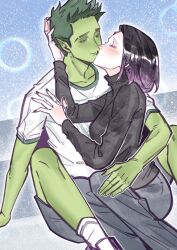  1boy 1girl absurdres alternate_costume beast_boy_(dc) black_shirt blue_background blush chinese_commentary closed_eyes closed_mouth collarbone colored_skin couple dc_comics forehead_jewel from_side gem green_eyes green_hair green_skin hand_on_another's_head hetero highres hug imminent_kiss kiss leaning_on_person long_sleeves looking_down mixed-language_commentary pants purple_hair raven_(dc) red_gem shirt short_hair short_sleeves sitting teen_titans upper_body white_shirt xingchen96926 