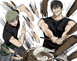  2boys absurdres black_hair black_shirt clenched_teeth closed_mouth commentary_request compression_shirt food fushiguro_touji green_hair highres holding holding_mallet jujutsu_kaisen kine male_focus mallet mochi mochitsuki mortar_(bowl) motion_lines multiple_boys muscular muscular_male open_mouth san_shou shirt short_hair simple_background sleeves_rolled_up sweat teeth white_background zen'in_naoya 