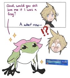  !? 1boy 1girl aerith_gainsborough animalization black_shirt blonde_hair blue_eyes character_name cloud_strife cropped_head english_text final_fantasy final_fantasy_vii final_fantasy_vii_remake frog furrowed_brow hair_ribbon highres hu_manbee_ing meme pink_ribbon ribbon shirt short_hair single_bare_shoulder sleeveless sleeveless_turtleneck sparkle spiky_hair status_effect turning_head turtleneck upper_body white_background wide-eyed would_you_still_love_me_if_i_was_a_worm_(meme) 