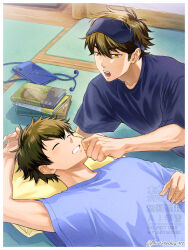  2boys ace_of_diamond blue_shirt book border brown_hair cellphone cheek_pinching closed_eyes closed_mouth commentary_request earphones highres kusatakesi looking_at_another lying male_focus mask mask_on_head miyuki_kazuya multiple_boys on_back on_floor phone pinching sawamura_eijun shirt short_hair sideburns sleep_mask sleeping smartphone twitter_username upper_body watermark white_border 