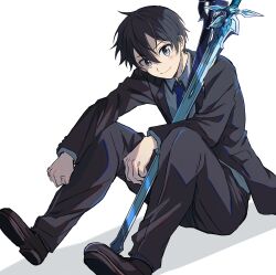  1boy absurdres aqua_shirt black_hair black_jacket black_pants black_shoes blue_necktie commentary_request dark_repulser elucidator grey_eyes highres invisible_floor jacket kirito knees_up light_blush looking_at_viewer male_focus necktie pants shirt shoes short_hair simple_background sitting smile solo suit_jacket sword_art_online toramaru_(696anna) white_background 