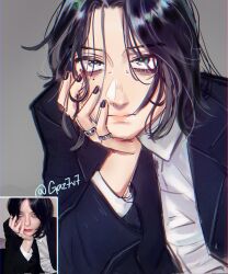  1girl black_eyes black_hair black_jacket chromatic_aberration commentary english_commentary gaz7v7 green_pupils highres jacket jewelry kininatteru_hito_ga_otoko_ja_nakatta koga_mitsuki long_sleeves multiple_rings nail_polish reference_inset ring shirt short_hair solo white_shirt 