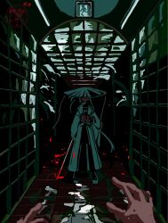  1girl blood blood_on_weapon ceiling dark emergency_exit exit_sign fate/grand_order fate_(series) hakama hallway highres holding holding_sword holding_weapon ichimegasa ima_mo_nao_kangaechuu imminent_murder japanese_clothes kawakami_gensai_(fate) kawakami_gensai_(third_ascension)_(fate) midriff pov pov_hands sword tile_ceiling tile_floor tile_wall tiles weapon 