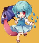  1girl :p arm_at_side bangs blue_eyes blue_hair blue_nails blush breasts clouds cloudy_sky commentary_request eyebrows_visible_through_hair eyelashes folded_leg full_body geta heterochromia holding holding_umbrella karakasa_obake knees legs long_sleeves purple_umbrella red_eyes sandals shiny shiny_hair short_hair simple_background skirt sky small_breasts solo standing standing_on_one_leg tatara_kogasa tomobe_kinuko tongue tongue_out touhou umbrella v-shaped_eyebrows vest water_drop yellow_background 