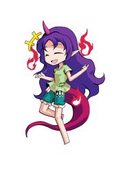  1girl barefoot breasts chibi chibi_only closed_eyes commentary_request dairi full_body green_shirt green_shorts horns large_variant_set long_hair pink_horns purple_hair red_tail shirt shorts simple_background single_horn solo tachi-e tenkajin_chiyari test_tube touhou transparent_background variant_set very_long_hair 