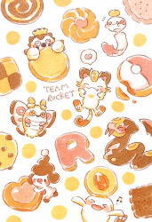  absurdres blush cacnea checkerboard_cookie chimecho commentary_request cookie dustox food heart heart-shaped_cookie heart-shaped_food highres meowth mime_jr. poke_ball pokemon pokemon_(anime) pokemon_(creature) seviper speech_bubble team_rocket thought_bubble thumbprint_cookie traditional_media wobbuffet yukichi_0611 