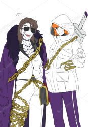  1boy 1girl :d artist_name beard_stubble belt black_belt black_suit book brown_hair chain chain_around_arm chain_around_leg chest_tattoo coat coat_on_shoulders cowboy_shot curtained_hair daeha_lcb facial_hair facial_tattoo freckles fur-trimmed_coat fur_trim hands_in_pockets heathcliff_(project_moon) highres hood hood_up ishmael_(project_moon) jacket limbus_company medium_hair middle_(identity)_(project_moon) open_clothes open_coat orange_hair pants project_moon purple_coat purple_pants smile standing stubble suit suit_jacket tattoo tinted_eyewear two-sided_fabric two-sided_jacket watermark weapon weapon_on_back white_background white_jacket white_pants white_suit 