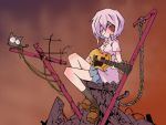  bandages blue_hair cat chain crossover eyepatch flcl guitar instrument kuma_jet neon_genesis_evangelion parody red_eyes ruins short_hair sitting skirt socks takkun vector_trace wallpaper 