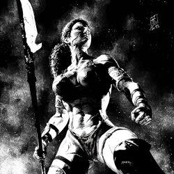  1girl 2018 artist_name commentary dark_background dated english_commentary fighting_stance greyscale highres holding holding_polearm holding_weapon looking_to_the_side monochrome muscular muscular_female original polearm signature sketch spear tank_top traditional_media tribal valerio_giangiordano warrior weapon 