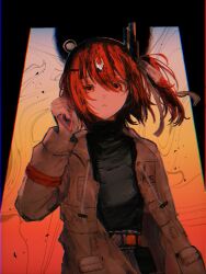  1girl adachi_rei black_shirt cassette_player chromatic_aberration holding holding_walkie-talkie jacket kakokodesu4o long_sleeves looking_at_viewer netsu_ijou_(utau) one_side_up orange_background orange_eyes orange_hair ribbon shirt solo turtleneck walkie-talkie white_jacket white_ribbon 