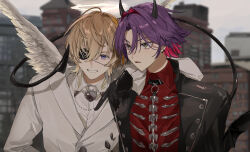  2boys angel_and_devil angel_wings arm_on_another's_shoulder black_gloves black_jacket blonde_hair blurry blurry_background collared_shirt colored_inner_hair demon_horns demon_tail demon_wings eyepatch fura_kanato gloves grin hair_between_eyes hair_intakes highres horns jacket lapels male_focus matsuhago multicolored_hair multiple_boys nijisanji official_alternate_costume pink_hair purple_hair red_shirt shirt short_hair smile streaked_hair tail two-tone_hair upper_body virtual_youtuber watarai_hibari white_jacket wings 