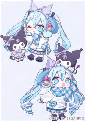  1girl :d ;d aqua_eyes black_shoes blue_mittens blue_scarf blue_skirt bow chibi chibi_only coat commentary_request company_name copyright_notice full_body hair_between_eyes hatsune_miku heart kuromi misumi_(macaroni) mittens multicolored_hair official_art one_eye_closed onegai_my_melody pink_scarf pink_skirt plaid_clothes plaid_scarf plaid_skirt pleated_skirt purple_background purple_hair sanrio scarf shoes skirt smile streaked_hair twintails two-tone_skirt vocaloid white_coat 